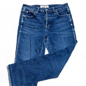 AMO Babe Jeans Blue Straight Crop Raw Hem Button Fly Made USA Sz 30